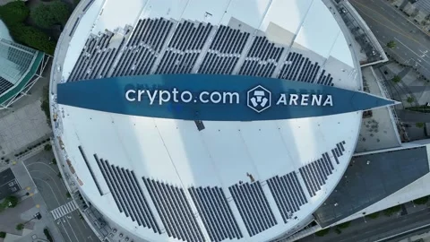 Aerial drone shot of crypto.com arena. Los Angeles Lakers basketball team. Stock Footage 229320004