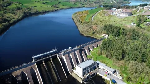 Aerial Drone Shot of the Dam & Water Reservoir in Inniscarra, Co.Cork, Ireland. Stock Footage