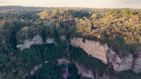 Aerial drone shot from a different angle of Katoomba Falls, showing the Stock Footage 335474546