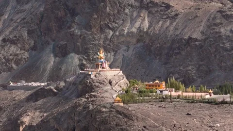 Aerial Drone shot of Diskit monastry buddha statue Stock-Footage 293118317