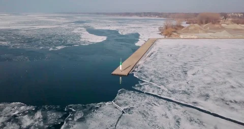 Aerial drone shot: a dock of Lake Erie, one of the Great Lakes of North Stock Footage