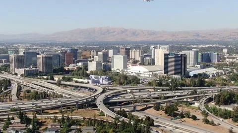 Aerial Drone Shot Downtown in San Jose Highway Right to Left Stock Footage 131966706