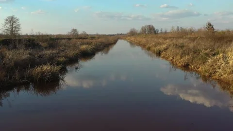 Aerial drone shot &amp; dramatic sky reflection on the Lake Stock Footage 153801350