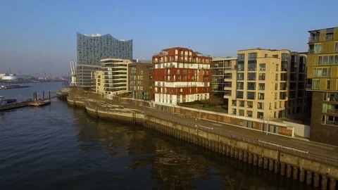 Aerial drone shot of Elbphilharmonie and blue sky Stock Footage