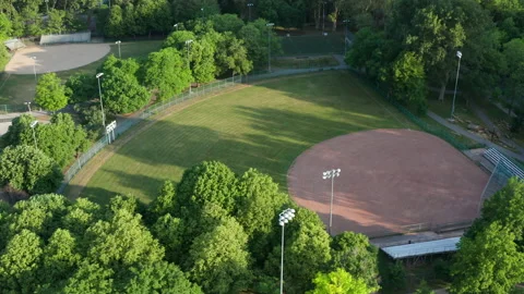 Aerial Drone Shot of Empty Baseball Field in La Fontaine Park in Montreal Stock Footage 155886117