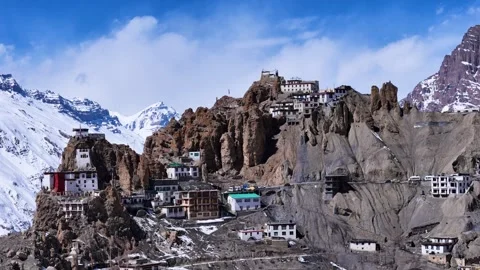 Aerial drone shot featuring the dramatic setting of Dhankar Monastery, perched Stock Footage 304945930