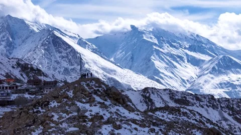 Aerial drone shot featuring the panoramic top view of Nako village with terraced Stock Footage 304942524