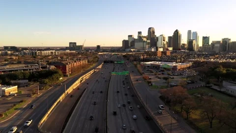 Aerial Drone Shot Flying down HWY 75 toward Downtown Dallas Stock Footage 144149346