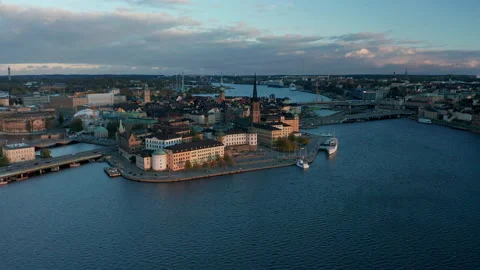 Aerial drone shot footage of Stockholm City and Riddarholmen at dusk. Stock Footage