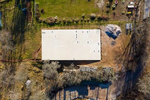 Aerial Drone Shot Of Foundations, Construction Site Platform Stock Photos