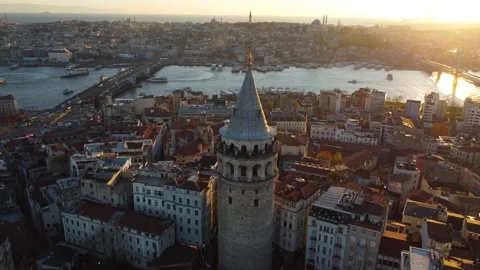 Aerial drone shot of Galata Tower and the Istanbul skyline, Turkey 4K Stock Footage 166320806