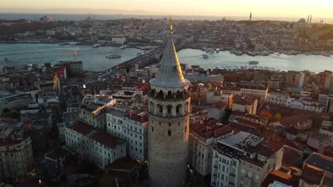 Aerial drone shot of Galata Tower and Bridge in Istanbul, Turkey 4K Stock Footage 166320967