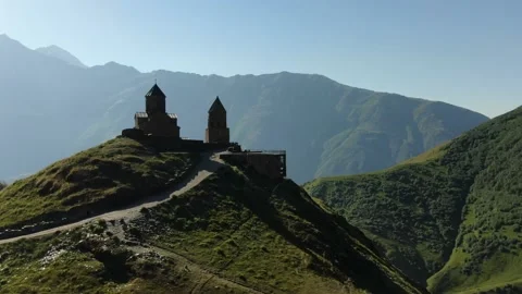 Aerial Drone Shot of Gergeti Trinity Monastery. Stepantsminda. Georgia. Stock Footage 168242989