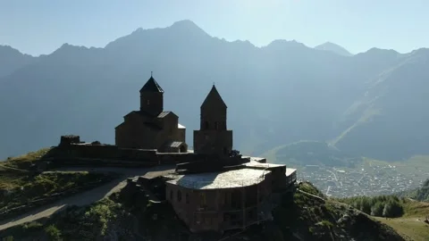 Aerial Drone Shot of Gergeti Trinity Monastery. Stepantsminda. Georgia. Stock Footage 168362173