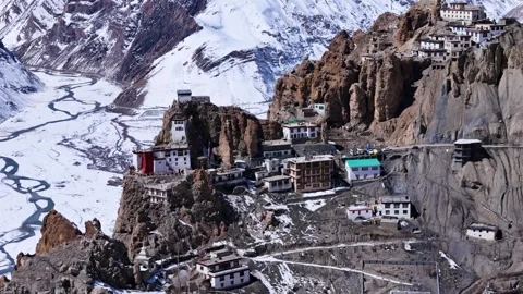 Aerial drone shot highlighting the isolated beauty of Dhankar Monastery, with Video stock 304945708