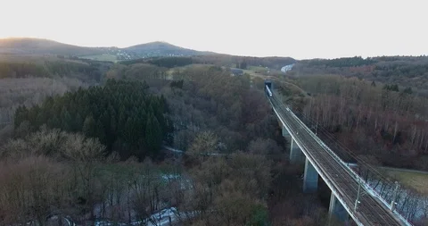 Aerial Drone shot of Highspeed train ICE over german bridge Stock Footage 86996887