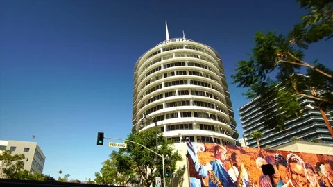 Aerial drone shot of iconic downtown Los Angeles historical street  Stock Footage