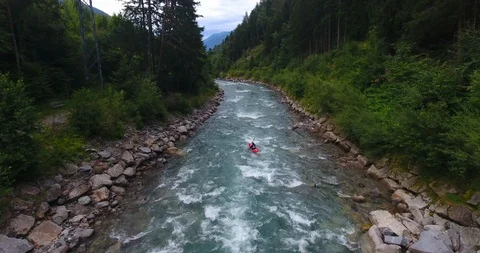 Aerial Drone Shot Kayaking Down Whitewater Rapids in Rosanna River The Alps Stock Footage 123392829