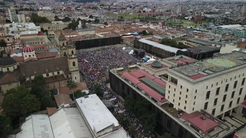 Aerial Drone Shot of Large Protest Crowd at Bolivar Square Bogotá Colombia Stock Footage 331088134
