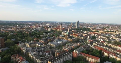 Aerial Drone Shot Leipzig City Buildings Architecture Germany Golden Hour Stock Footage