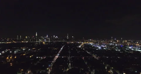 Aerial drone shot. Lightning storm over Brooklyn and New York City. Stock Footage