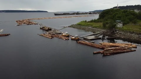 Aerial Drone Shot of Log Float sand Small Tug Boats with Old Millin Background Stock Footage 233470091