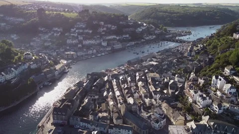 Aerial drone shot of Looe, picturesque seaside village in Cornwall. Stock Footage 196351879