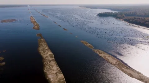 Aerial drone shot looking down the length of Rodman Reservoir Stock Footage 330757097