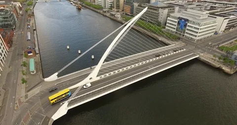 Aerial Drone Shot Lowering Down Along Samuel Beckett Bridge In Dublin Ireland 스톡 동영상 97275557