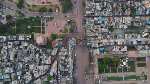 Aerial drone shot of Lucknow, capturing the iconic Jama Masjid and Chota Stock Footage 299259764