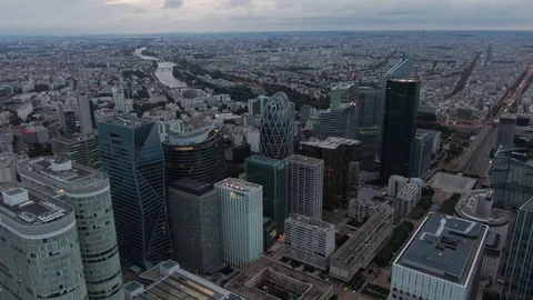 Aerial drone shot of the modern La Defense business district in Paris, Stock Footage