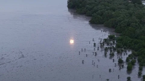 Aerial drone shot of moon reflection on mud land Stock Footage 337729831