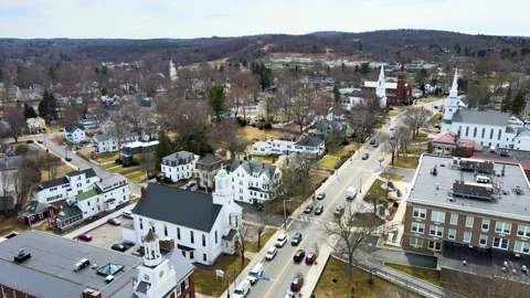 Aerial Drone Shot of Multiple New England Churches - Westborough, Massachusetts Stock Footage 151428065