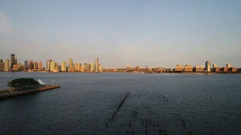 Aerial Drone Shot of New York City at sunrise Stock Footage