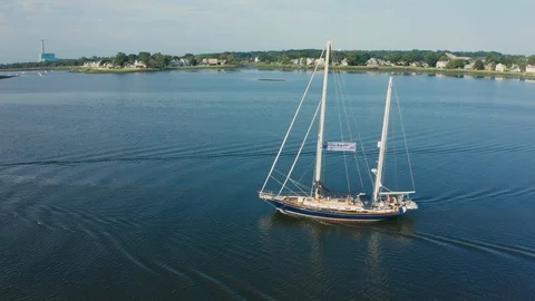Aerial Drone Shot Orbiting a Large Sailboat in a Harbor (Norwalk, Connecticut) Stock Footage 113995524