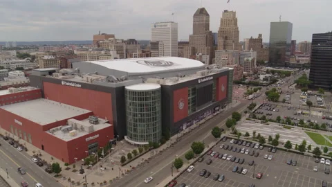 Aerial Drone Shot Orbiting the Prudential Center in Newark, New Jersey Stock Footage 235503001