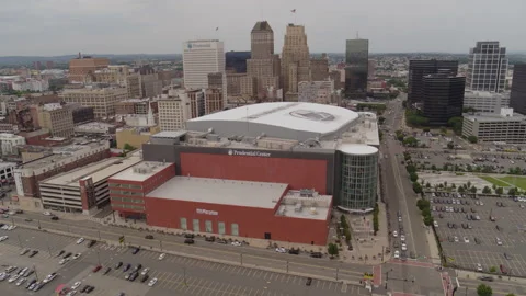 Aerial Drone Shot Orbiting the Prudential Center in Newark, New Jersey Stock Footage 235503002