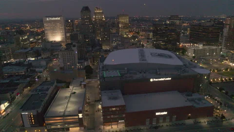 Aerial Drone Shot Orbiting the Prudential Center in Newark, New Jersey at Night Stock Footage 235503122