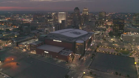 Aerial Drone Shot Orbiting the Prudential Center in Newark, New Jersey at Night Stock Footage 235503126