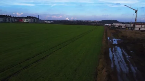 Aerial Drone Shot Over Fields And Construction Site In Wroclaw Poland Footage Stock Footage 246820899