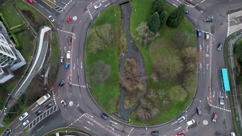 Aerial drone shot over magic roundabout in Hemel Hempstead, Hertfordshire Stock Footage 306149546