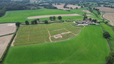 Aerial drone shot over a patchwork of green farmland, cultivated fields and Stock Footage 347397835