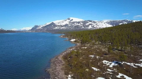 Aerial, drone shot, over tornetrask lake shore, over tundra wilderness Stock Footage