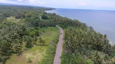 Aerial Drone Shot Panning Left Over Scenic Coastal Road and Tropical Ocean 4K Stock Footage 337598398