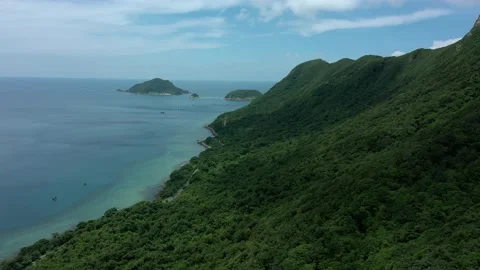 Aerial drone shot of panoramic view of landscape in Con Dao island, Vietnam Stock Footage 166513735