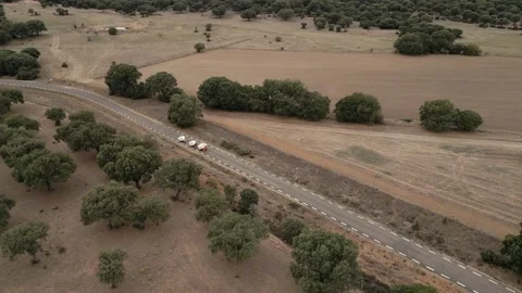 Aerial drone shot of people pulling camping carts on asphalt road amidst ag.. Stock Footage 260389872