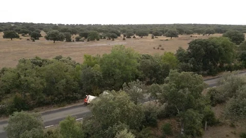 Aerial drone shot of people pulling camping carts on asphalt road amidst ag.. Stock Footage 260389922