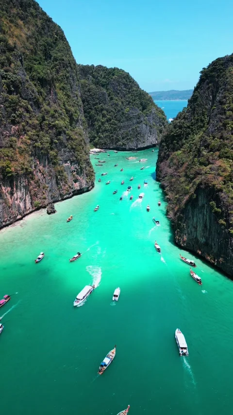 Aerial Drone Shot Phi Phi Lee Island Pi Leh Bay Lagoon Thailand Video stock 346990988