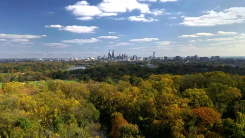 Aerial Drone Shot Philadelphia Skyline and River Fairmount Park Autumn Fall Stock Footage