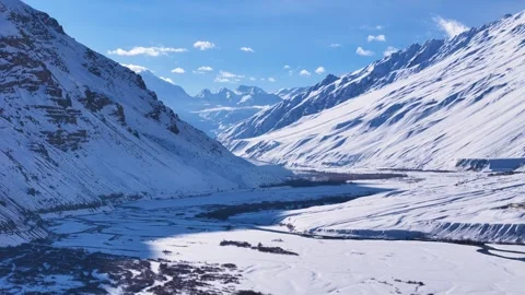 Aerial drone shot presenting a mesmerizing view of Kaza city covered in snow, as Stock Footage 304944704